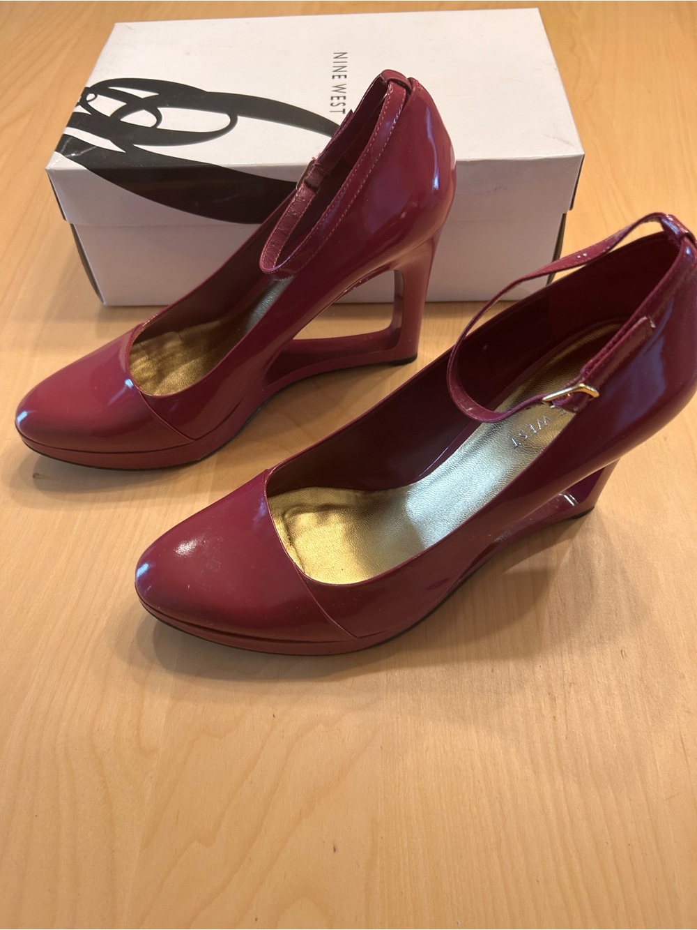 Nine West Glossy Cutout Wedge Pumps with Ankle Strap